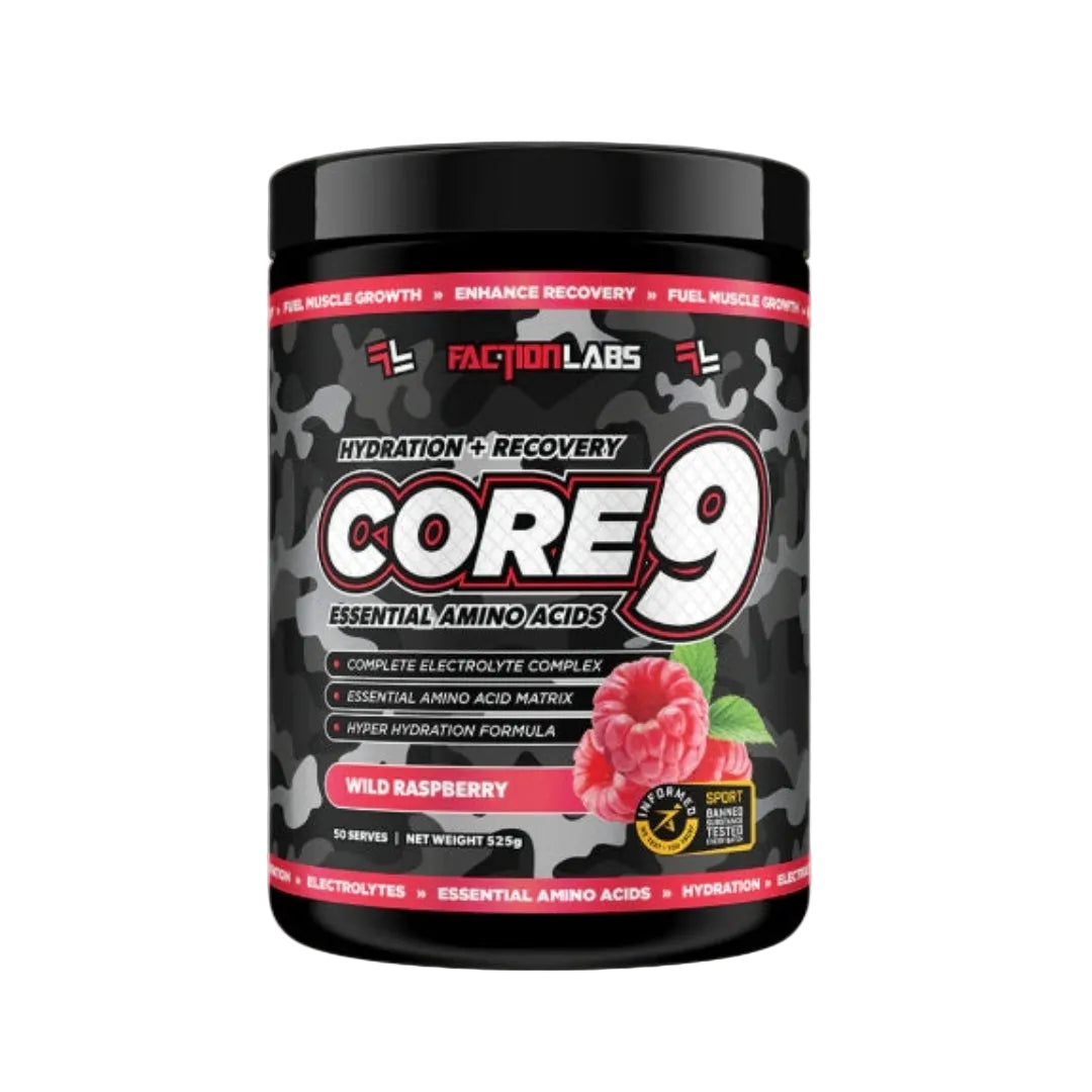CORE 9 supplement container with Faction Labs branding on a grey background. Wild Raspberry flavour
