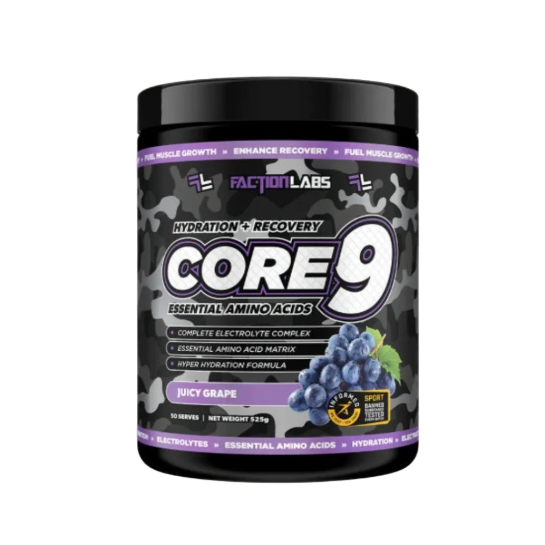 CORE 9 supplement container with Faction Labs branding on a light gray background