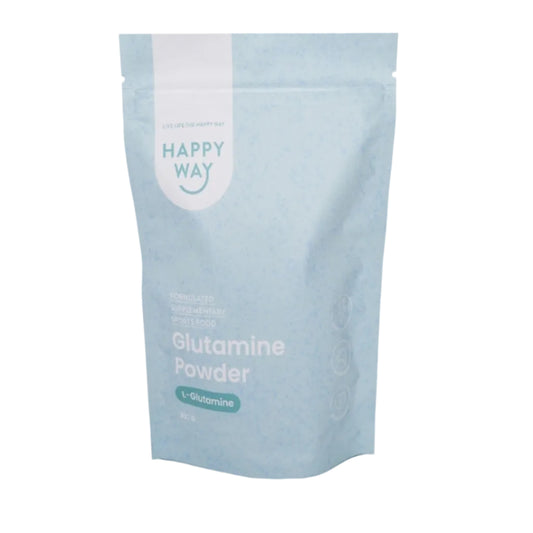 Happy Way Glutamine Powder package on a white background