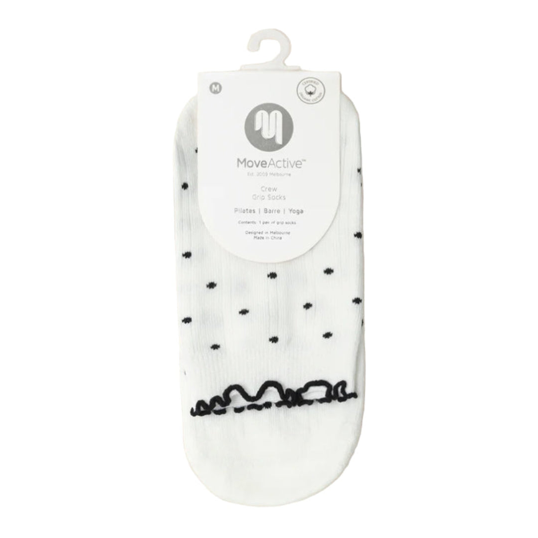 White crew sock with black polka dots and lace trim on a white background, branded 'MoveActive'.