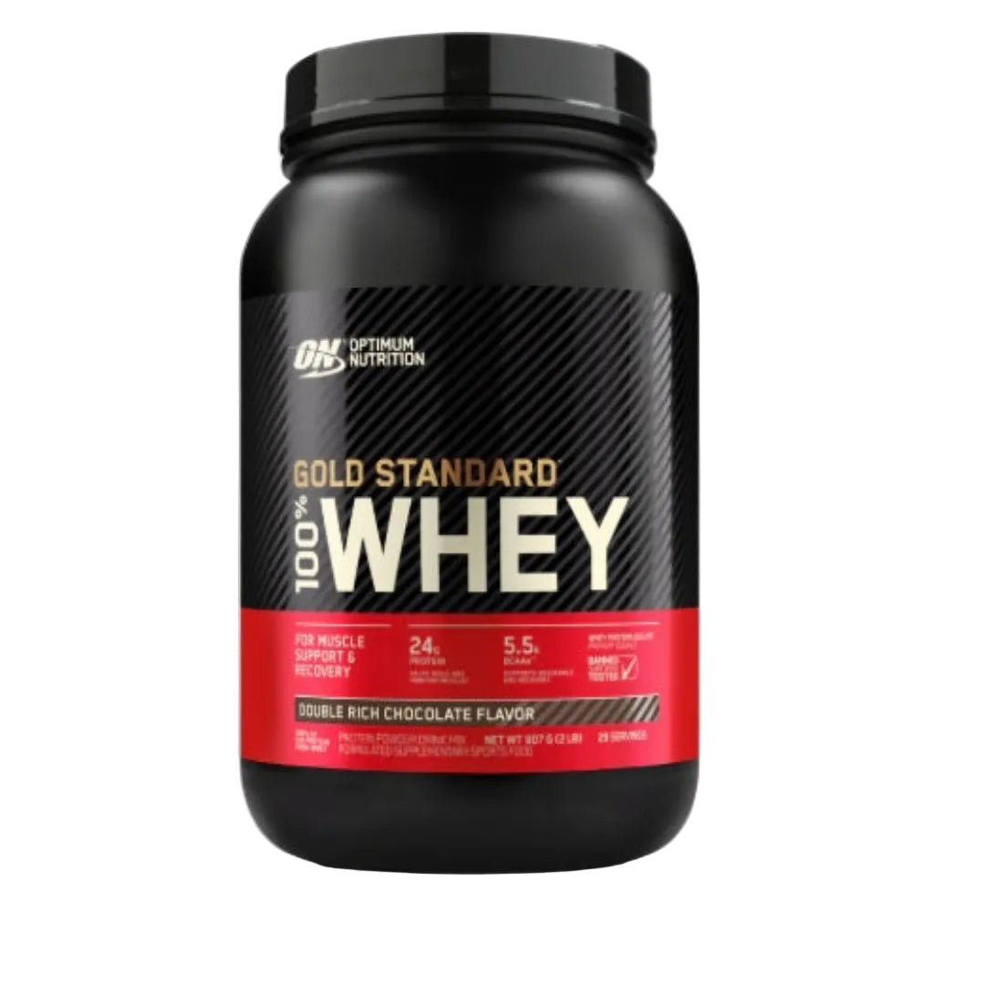 Optimum Nutrition Gold Standard 100% Whey protein powder container on a white background