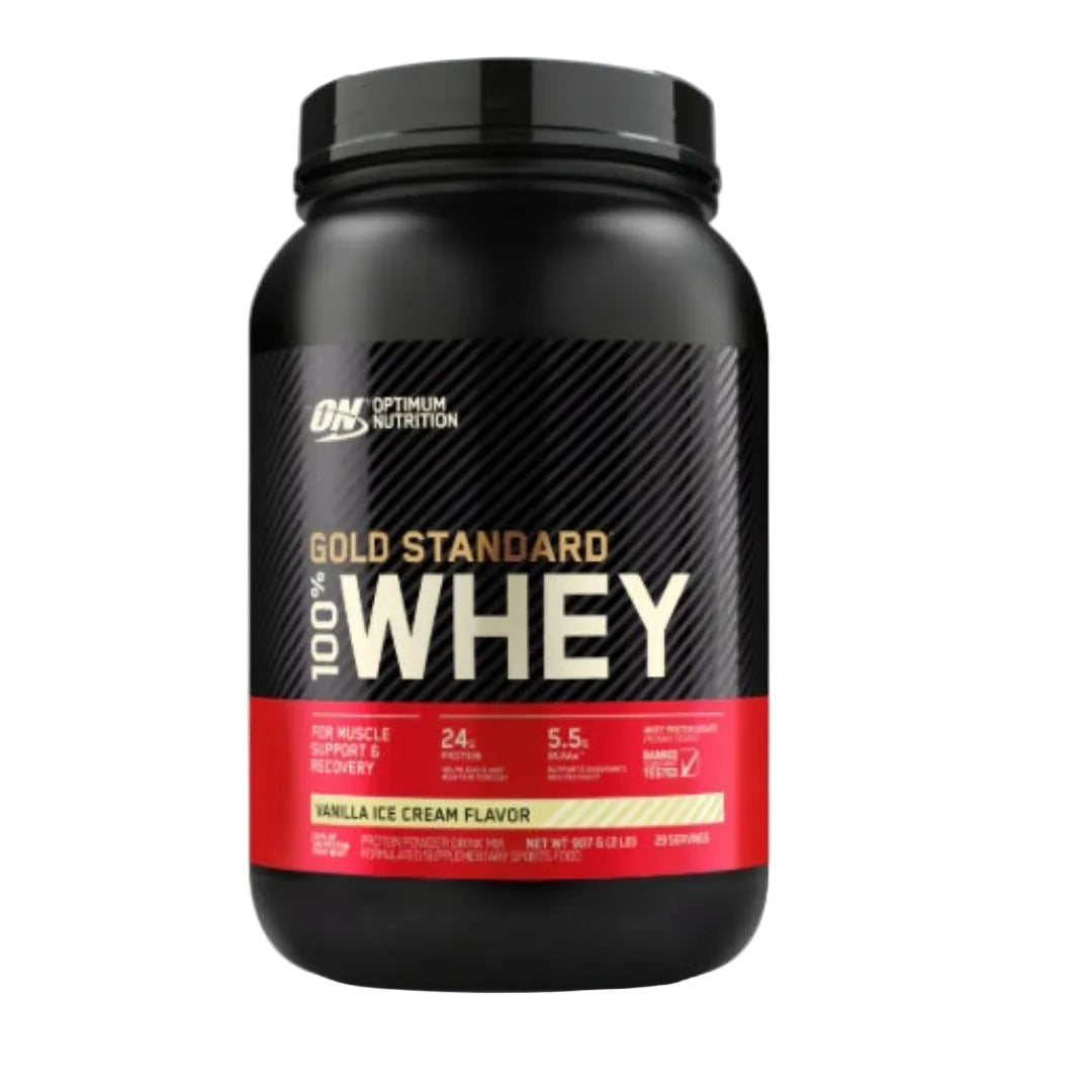 Optimum Nutrition Gold Standard 100% Whey protein powder container on a white background