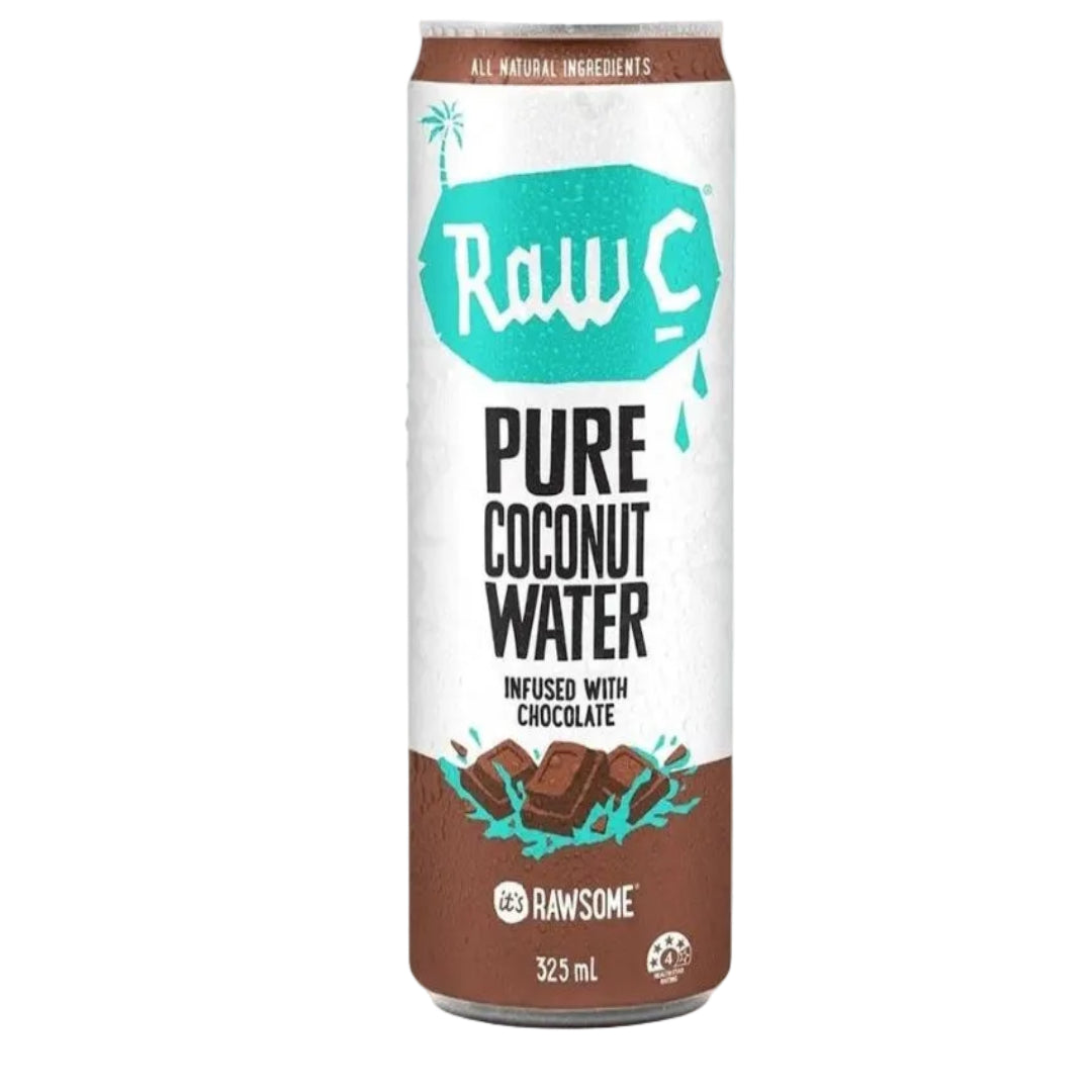 Can of Raw C Pure Coconut Water infused with chocolate on a white background