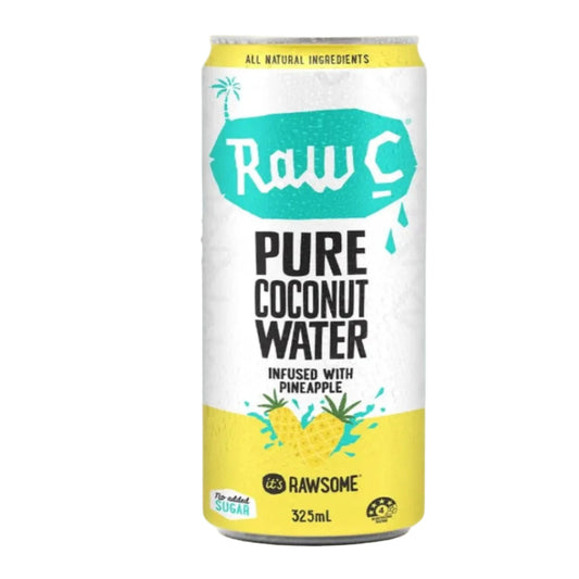 Can of Raw C Pure Coconut Water infused with pineapple on a white background
