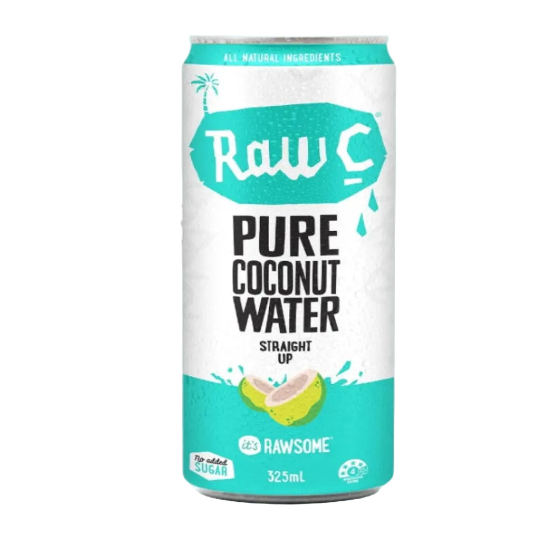 Can of Raw C Pure Coconut Water on a white background