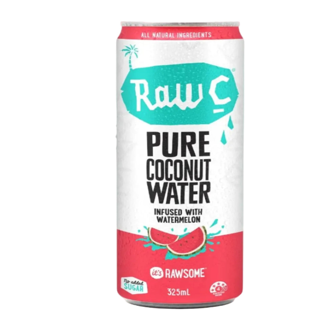 Can of Raw C Pure Coconut Water infused with watermelon on a white background