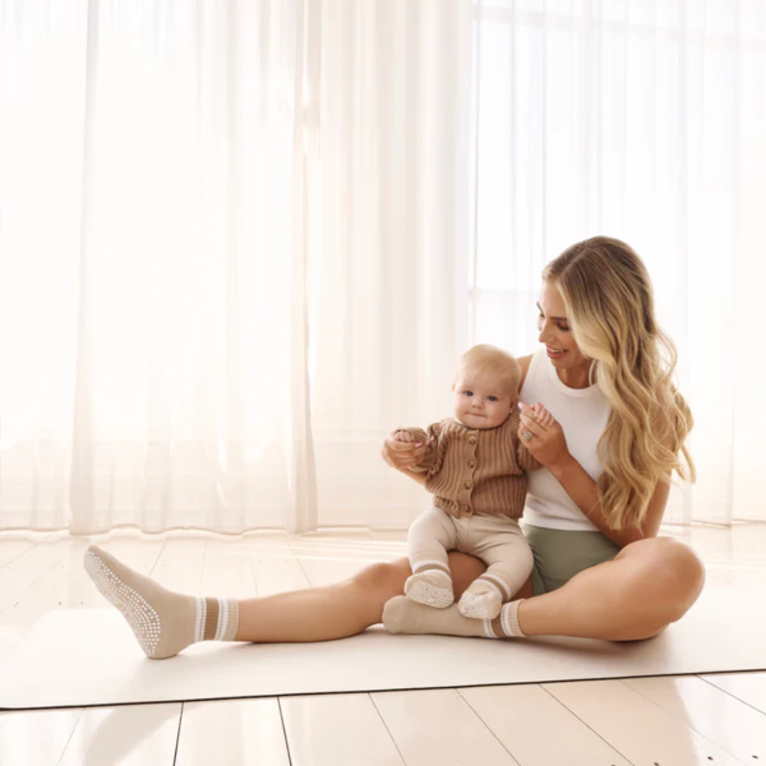 MoveActive Crew Non Slip Grip Socks – Beige Stripes